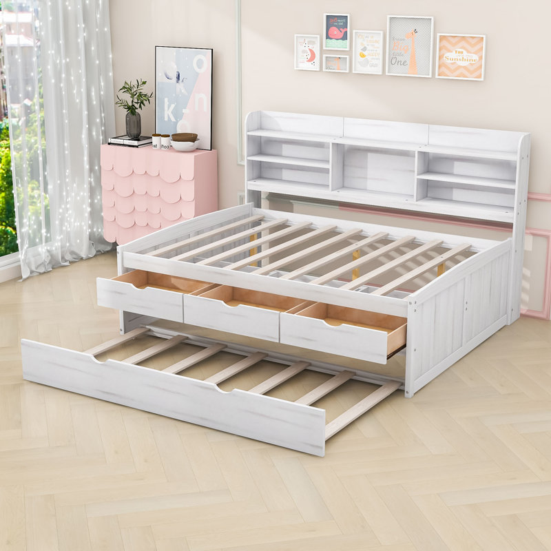 Beckwourth Full Size Wooden Platform Bed with Shelves and 3 Drawers,Twin Size Trundle, White