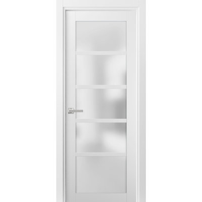 Porte intérieure robuste Quadro 4002 Blanc Soie avec vitrage dépoli, panneau simple standard, cadre et poignées, idéale pour salle de bain ou chambre. Dimensions : 107 x 244 cm (42 x 96 pouces). Finition dépolie.