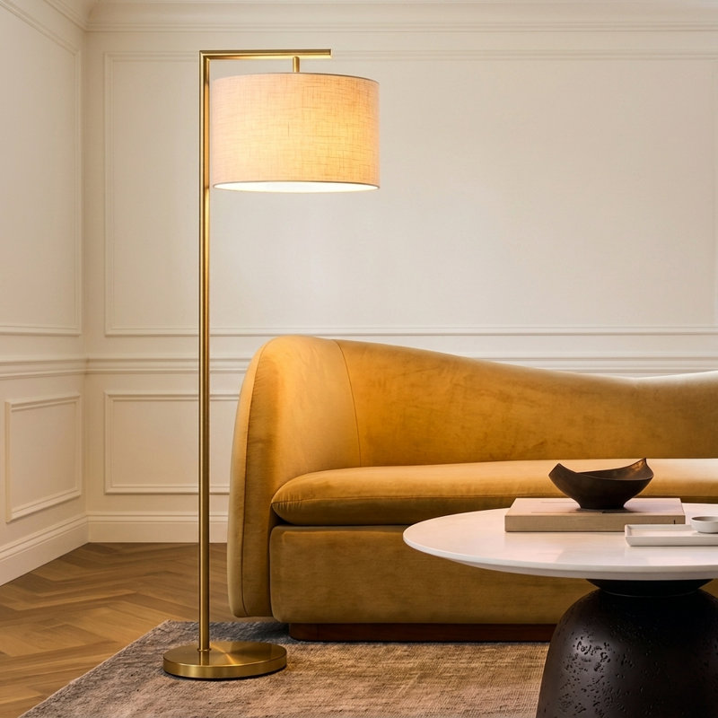 Montage Modern 60" Gold LED Floor Lamp with White Fabric Drum Shade, Bulb Included, Gold, White