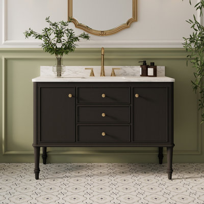 48" Fully Assembled Single Bathroom Vanity with Mable Like Sink Top, Backsplash, Solid Wood Legs, Wood Grain Panels