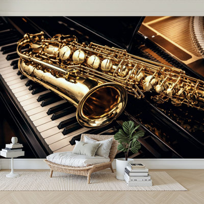 Peel and Stick Wallpaper 96" W x 69" H Modern Self Adhesive Wall Mural for Bedroom Saxophone Jazz Music Musical Piano Gold