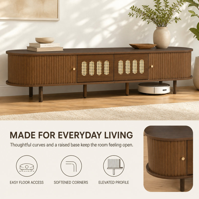 Walnut Curved TV Stand With Rattan Drawers, Wooden Media Storage Cabinet For Living Room