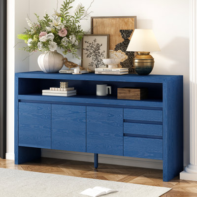 Buffet moderne de 60 po avec 3 portes et tiroirs, placage de frêne massif, étagères semi-ouvertes, polyvalence multi-scénario, couleur noire, buffet de porte facile à assembler, tablette, pieds de support triangulaires,