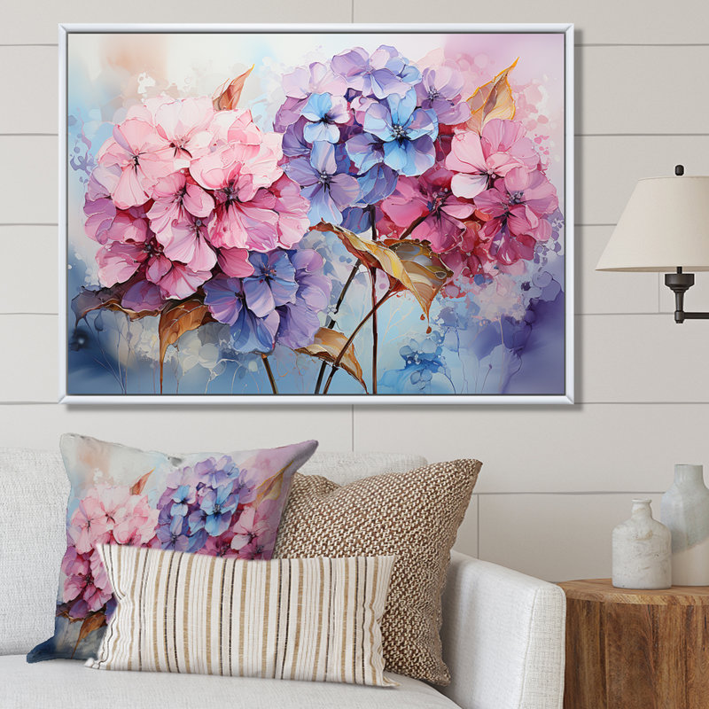 Collage moderne d'hortensias roses et mauves, White Picture Framed, 34" H x 44" W
