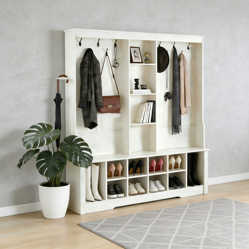 Hall Tree With Bench And Shoe Storage, 3-In-1 Entryway Organizer With Adjustable Compartments And Hooks