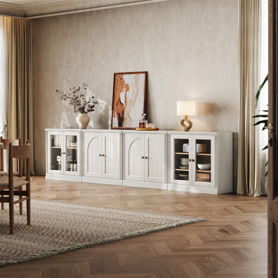 Buffet monos modulaire moderne avec portes vitrées et placards bas à portes cintrées, blanc