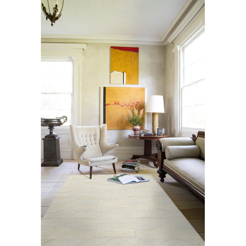 Wool Geometric Area Rug in Ivory