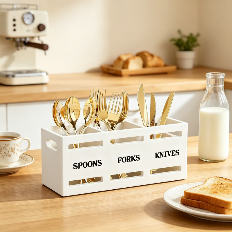 Porte-ustensiles de cuisine en bois avec trois compartiments, organisateur de porte-couverts rustique pour le rangement sur le comptoir de cuillères, fourchettes et couteaux, finition blanche élégante