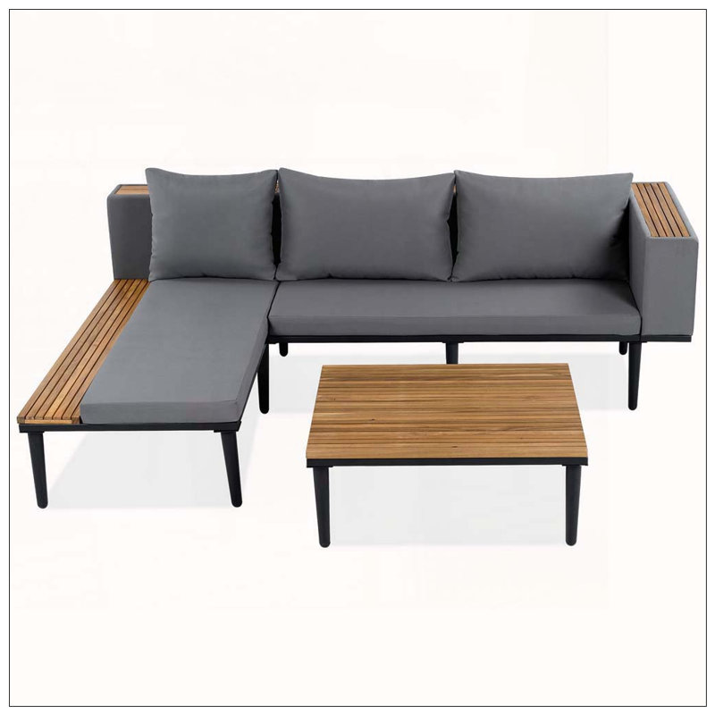 Ensemble de canapé de patio en L en bois d'acacia avec table d'appoint et coussins de 3,15 po, Gray