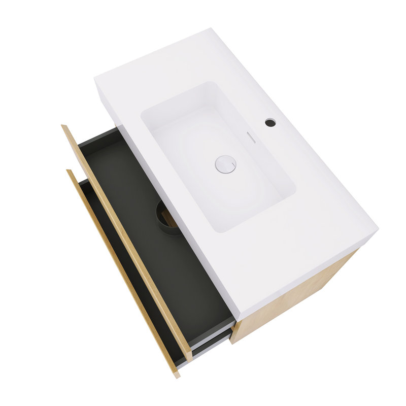Meuble-lavabo flottant mural 36 po avec lavabo, Blanc, Chêne naturel