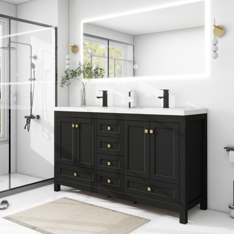 Wimer 60'' Modern Double Sink Bathroom Vanity with Spacious Resin Top, Faucet, Assembly Required, Black
