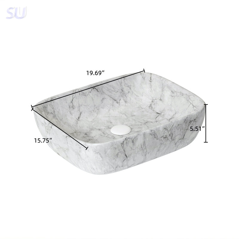 19'' Volakas White Marble Pattern Ceramic Bathroom Sink, Durable And Stain-Resistant For Modern Bathrooms