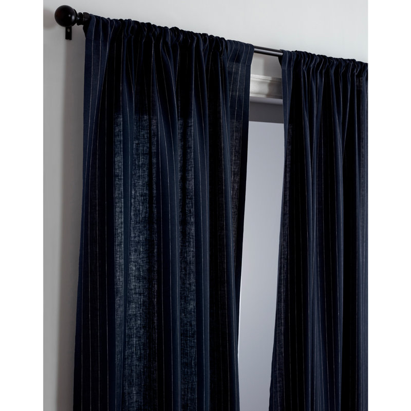 Pinstripe - 100% Pure Linen Curtain, 52" W x 120" L, Navy and White