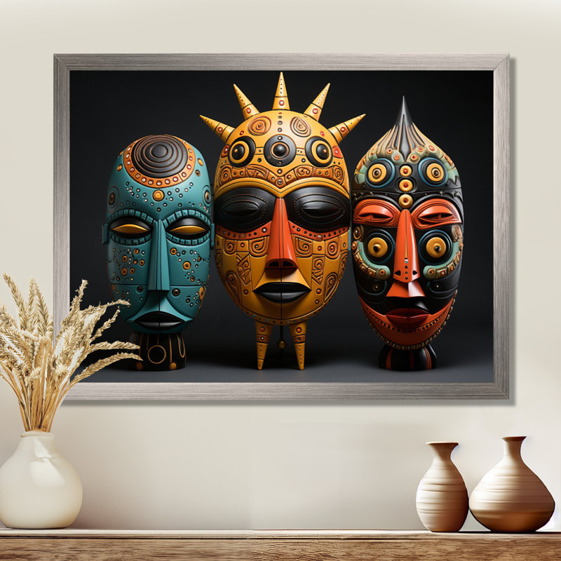 Masques colorés d'Afrique sur toile, H 12 po x l 20 po x P 1 po, Cadre flottant blanc