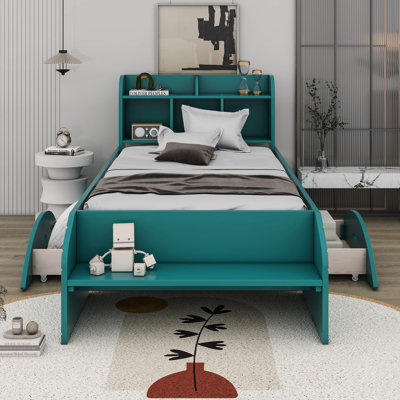 Jyie Wood Twin Size Platform Bed with 2 Drawers, Storage Headboard and Footboard -  House of HamptonÂ®, B45F37CE9A9F4A098239421D9D64113B