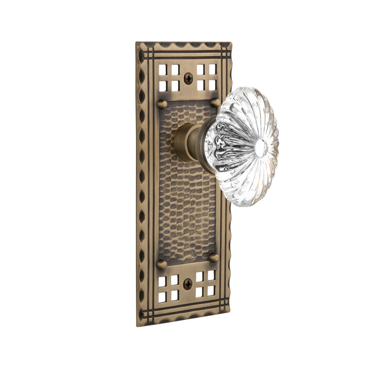 Craftsman Plate with Oval Fluted Crystal Door Knob, Antique Brass, 2.375"