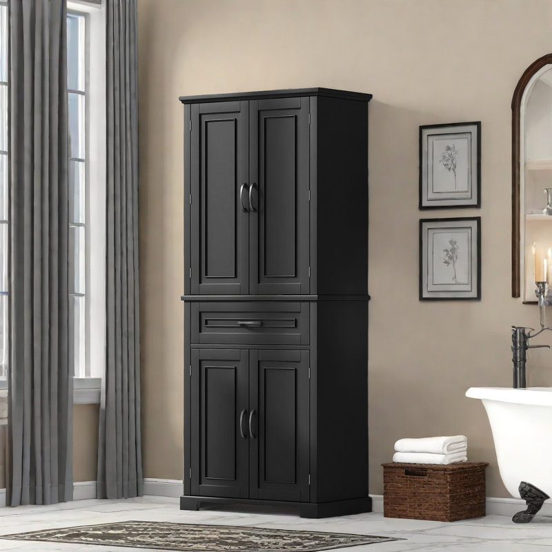4 - Door Freestanding Bathroom Storage Cabinet With Drawers And Adjustable Shelves, Black