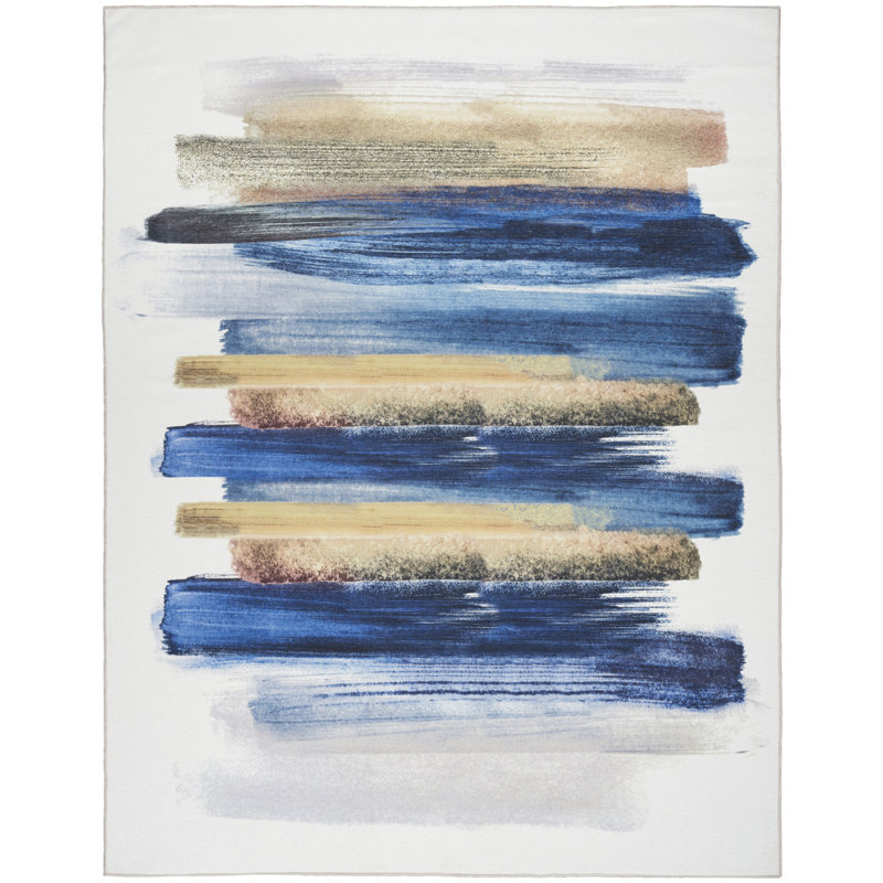 Tapis lavable et antidérapant à tissage mécanique abstrait ivoire et bleu 5 pi x 7 pi