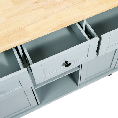 Chariot de cuisine gris-bleu avec pattes en bois massif, 3 tiroirs, 5 roulettes, idéal pour le salon.