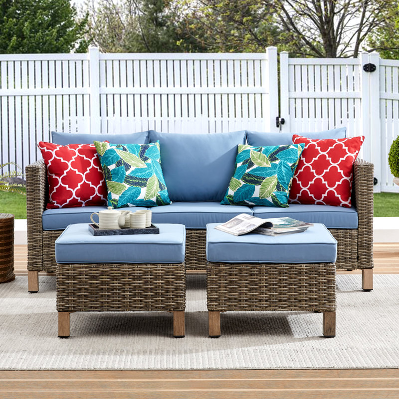 72.1'' Wide Rectangle Wicker Patio Sofa with Cushions, Blue