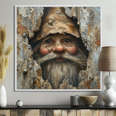 Beige Gnome Spy Into Wood Enclosure - Gnome Wall Art