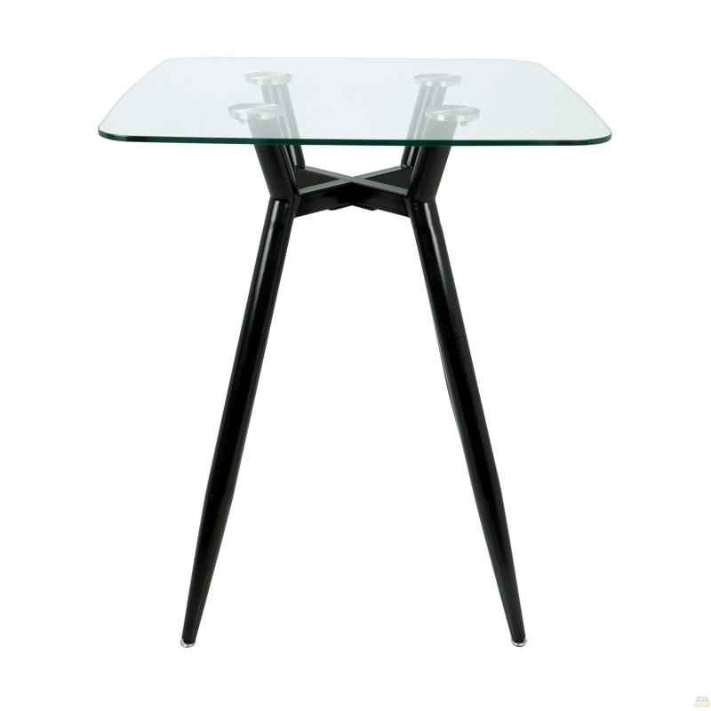 Table de comptoir carrée Mid-Century moderne avec pieds en métal noir et plateau en verre transparent