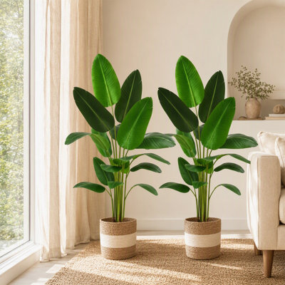 Paquet de 2, plante artificielle oiseau de paradis de 6 pi, fausse feuille de bananier avec pot de fleurs tissé, grande verdure artificielle pour la décoration intérieure et extérieure, cadeau de pendaison de crémaillère