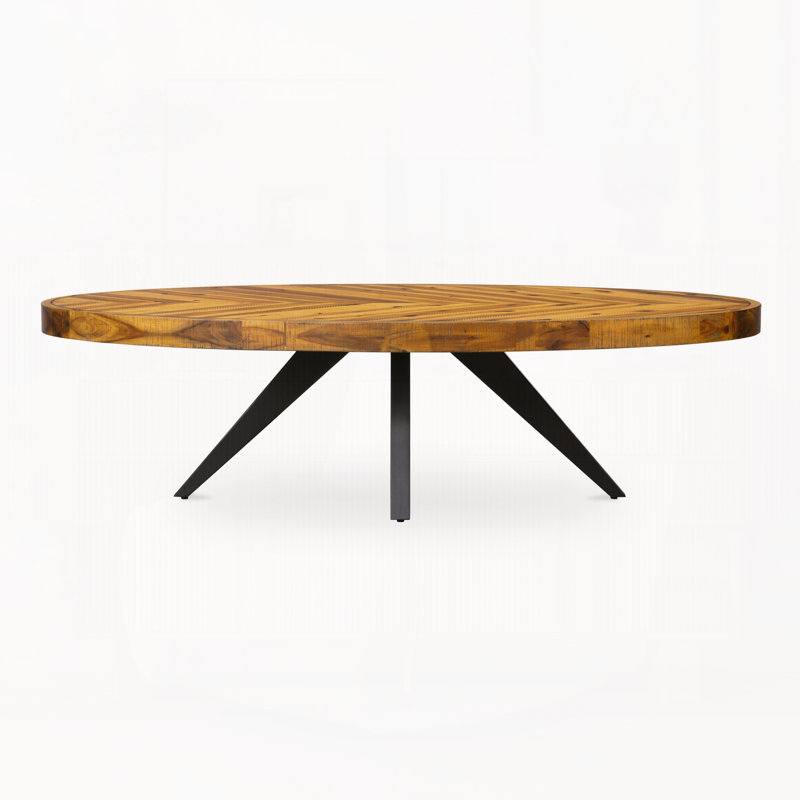 Table basse ovale en bois d'acacia à motif chevrons, style rustique chic moderne, finition cappuccino