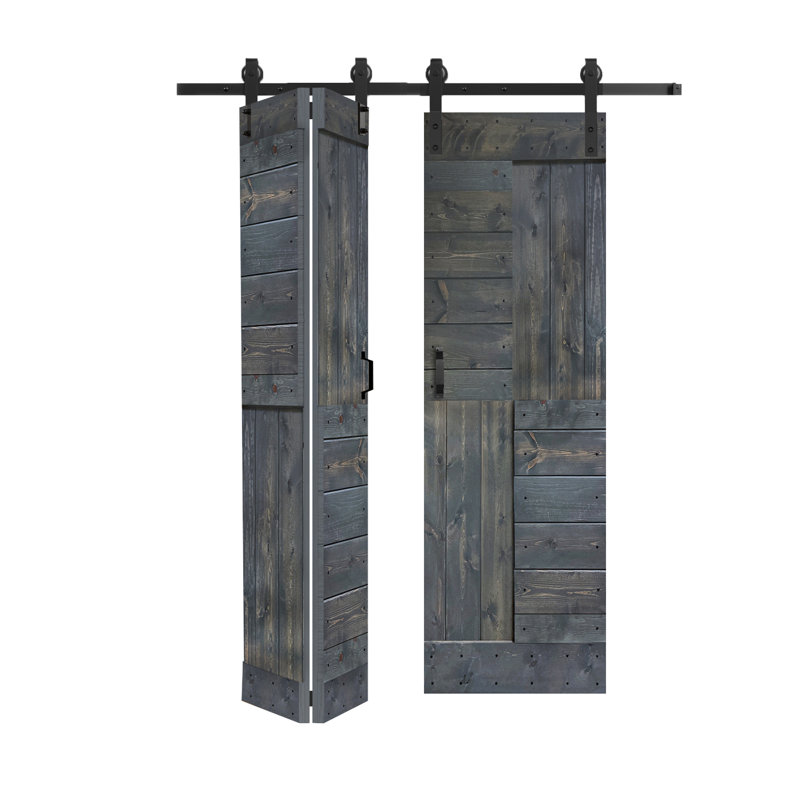 Porte pliante en bois massif en forme de S avec quincaillerie nécessaire, Gris carbone, 48 po x 80 po