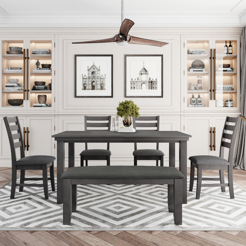 Angeline Dining Room Table and Chairs with Bench, Rustic Wood Dining Set, Set of 6,dining table set,dining room set, Grey