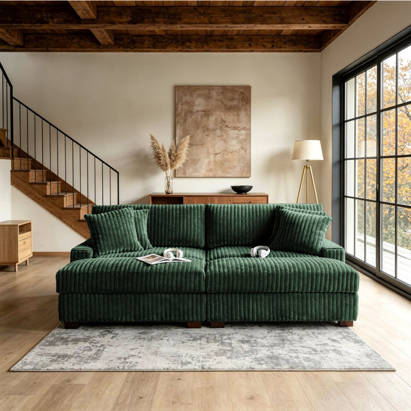 4 - Piece Upholstered Green Faux Rabbit Fur Flannel Modular Sectional Sofa with Throw Pillows & Removable Ottomans