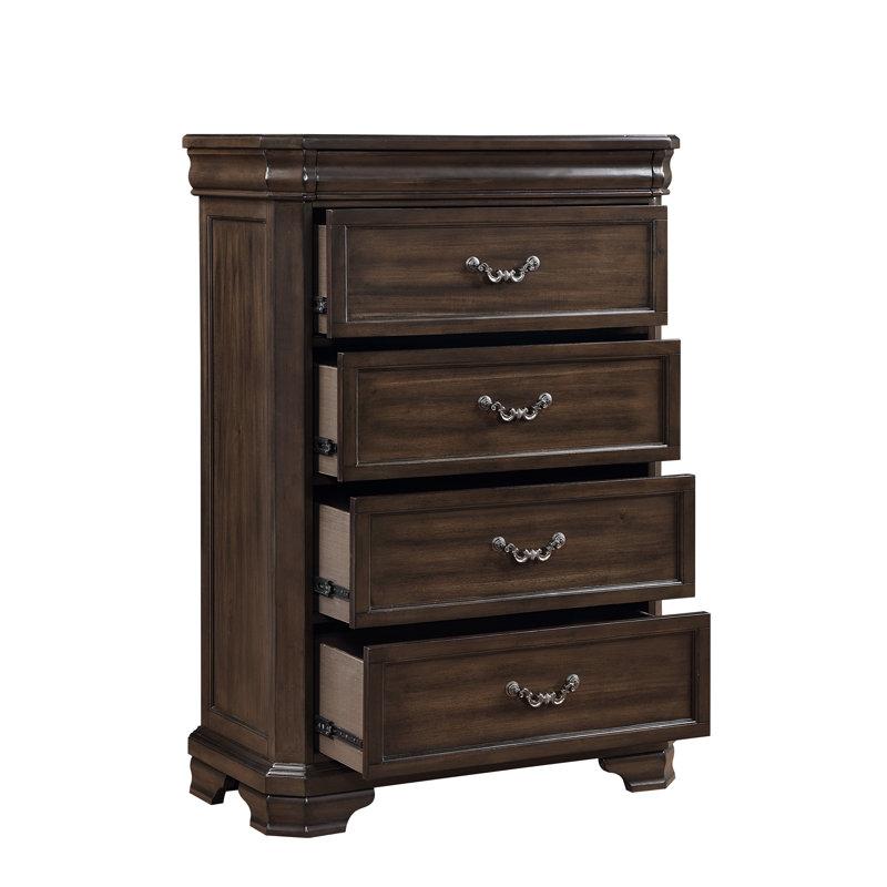 Commode haute Lynda, 4 tiroirs, bois d'acacia massif noyer brun