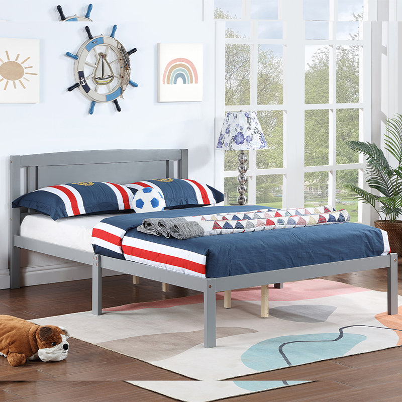 Lit, cadre de lit plateforme en bois avec tête de lit pour enfants, à lattes, Gris, Double