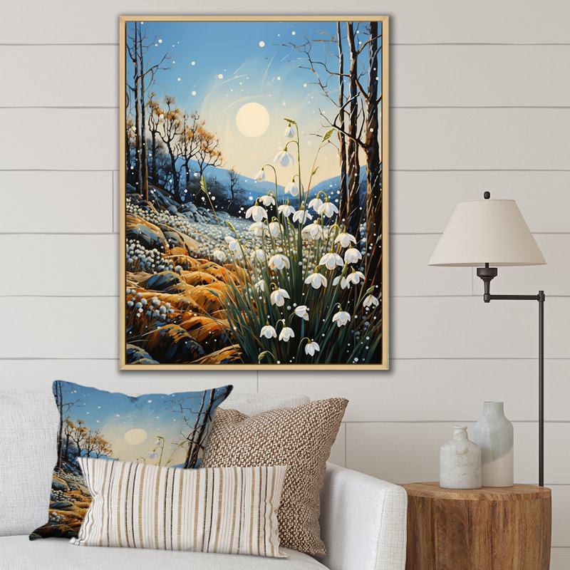 «Kretzmer White Snowdrops Field Pointillism I», reproduction sur toile, H 32 po x l 16 po x P 1 po, Cadre naturel flottant