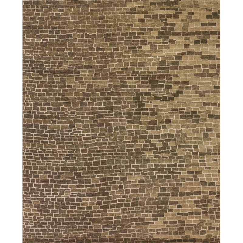 Tapis latte / brun noué à la main à motif géométrique Hermitage, Rectangle 7 pi 9 po x 9 pi 9 po