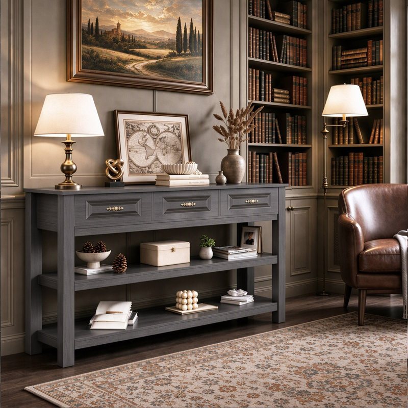 Console avec 3 tiroirs et tablettes ouvertes Elysian Farmhouse, Taupe