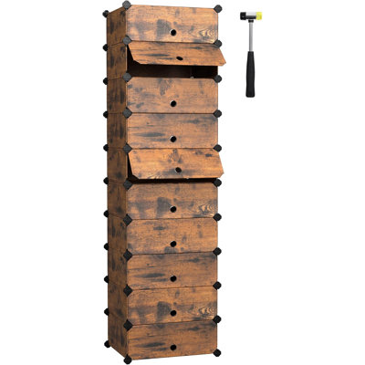 Interlocking Shoe Rack, Rectangular Storage Organiser, 10 Slot Modular DIY Storage Shelf Unit, 40 X 30 X 17 Cm For Each Slot, Plastic Wardrobe With Doors, Rustic Brown
