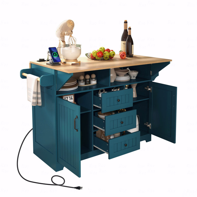 Îlot de cuisine de 55,7 po avec 2 abattants, roulant sur 5 roulettes, prise de courant, rangement de tiroir de table pliable, salle à manger spacieuse et style rétro,