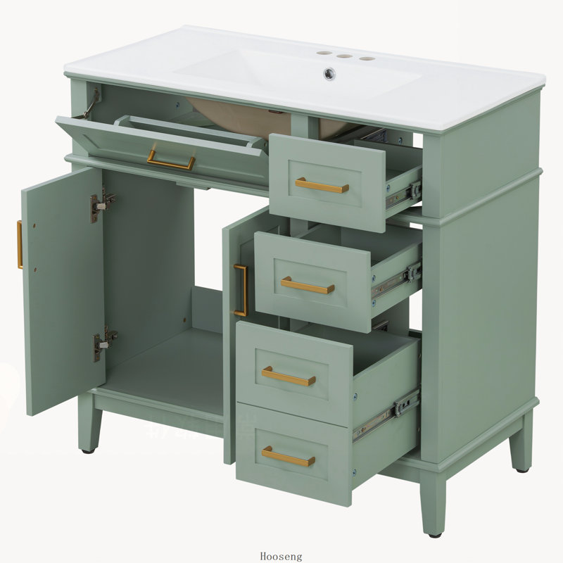 Meuble-lavabo moderne vert clair de 91 cm (36 po) avec lavabo en céramique, porte à fermeture en douceur et 4 tiroirs de rangement