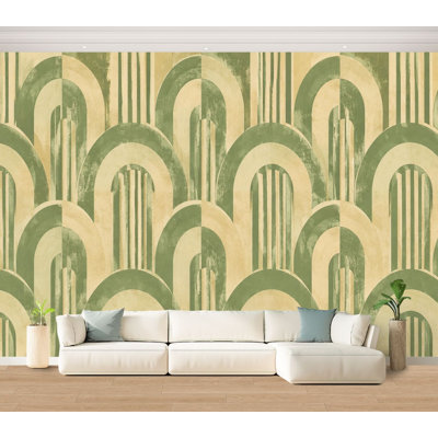Wall Mural Peel and Stick Wallpaper Geometric Arch Green Cream Art Style Self-Adhesive Removable Contact Paper Wall Decor for Living Room Bedroom 100"H x 144"W