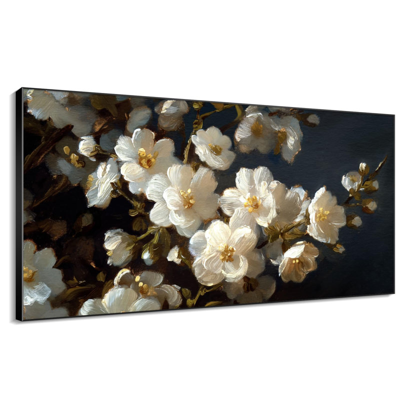 Reproduction d'art encadrée blanche blanche florale réaliste, H 24 po x l 46 po