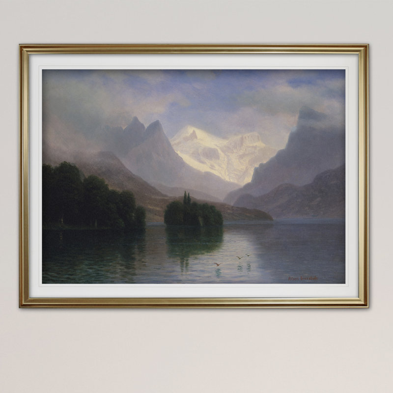 « mountain scene », reproduction de peinture à l’huile, Cadre doré, Blanc mat, H 24 po x l 32 po x P 1,5 po
