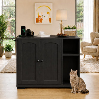 Large Cat Litter Box Enclosure with Dog-Resistant Shelf, Built-In Power Hub & USB Ports, Fits Most Auto Litter Boxes, Multi-Use Furniture
