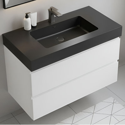 36 Inch Wall-Mounted Single Bathroom Vanity with Solid Surface Top with Overflow, Pre-Assembled