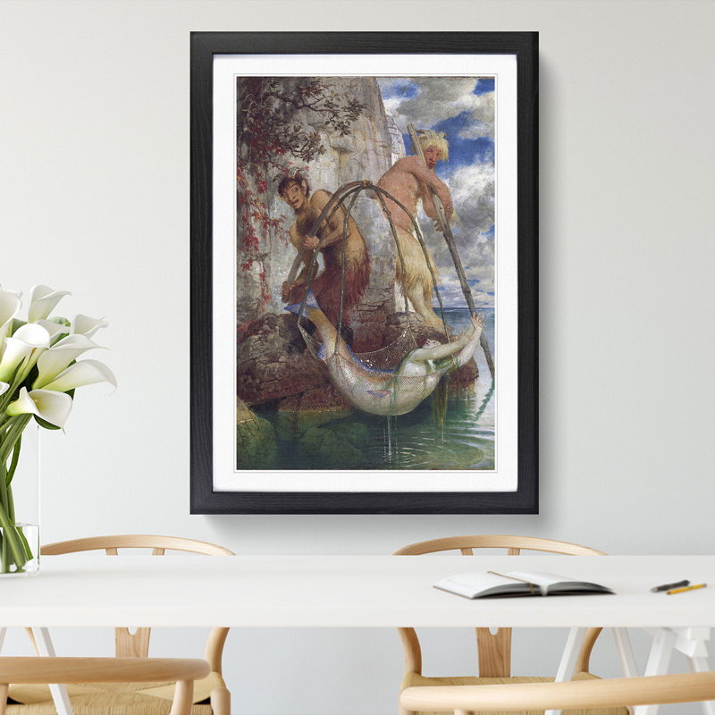 Mermaid Caught in the Net by Arnold Bocklin - Picture Frame Painting, 65cm H x 48cm W x 2cm D, Black Framed