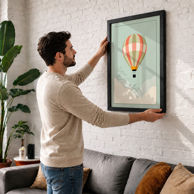 Hot Air Balloon at Dawn Minimalist - Framed Print, A3 - 42.0 x 29.7 cm, Oak