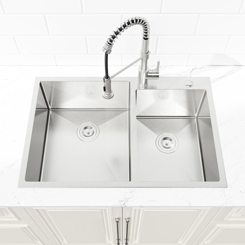 Évier moderne en acier inoxydable 33 po x 19 po - Double cuve, sur-comptoir, surélevé avec finition brillante durable