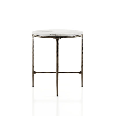 Aureum 22"W Round Genuine Marble End Table with Hammered Metal X-Brace