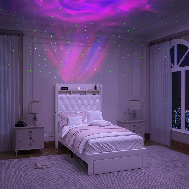 Wingback Upholstered Bed Frame with Galaxy Star Projector Speaker USB, Drawers and Storage Headboard, Twin, White