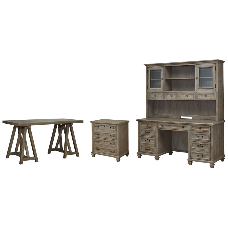 Desk With Lateral File Credenza And Hutch, 3 Pieces: Desk, Filing Cabinet, Credenza, Dovetail Gray